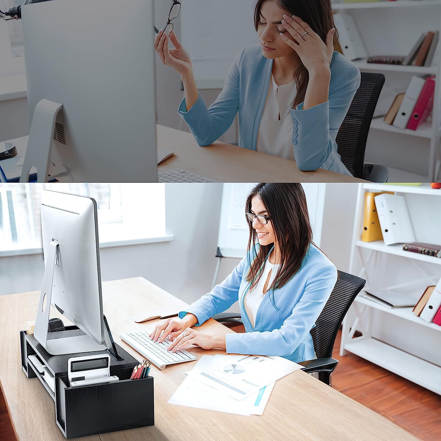 AMERIERGO Monitor Stand Desk Organization with DIY Storage Space, Monitor Riser Stand with Storage with 2 Slots & Phone Holder, Computer Stand 2 Tier for Home Office Use - Image 2